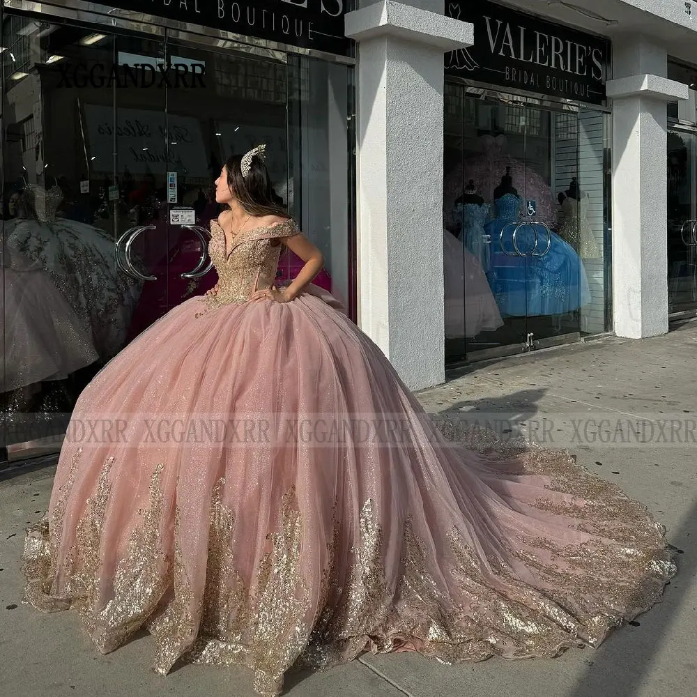 Rosa Prinzessin Quince anera Kleider funkelnde Vestidos de 15 Anos Ballkleid Abschluss ball süß 16 Kleid Perlen Applikation Geburtstags kleidung