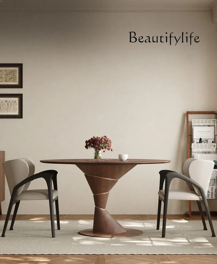 N36 Medieval style solid wood dining table and chair combination round small apartment walnut leather retro dining room dining t