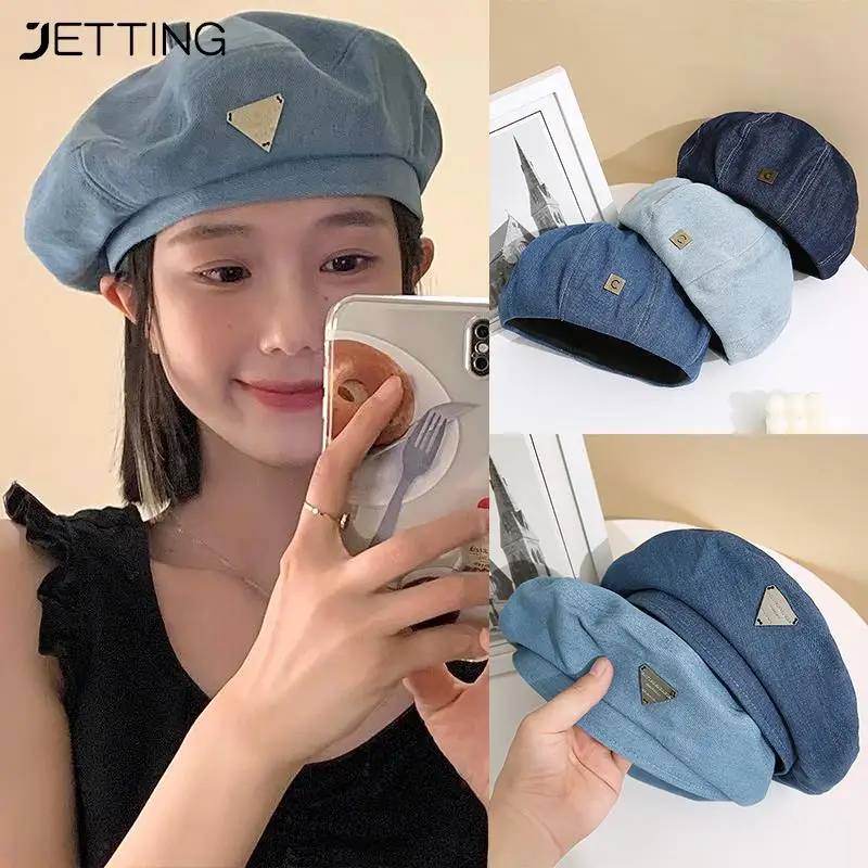 Denim Beret Women Thin Plain Octagonal Newsboy Cap British Retro Internet Celebrity Ladies Painter Tour Cap Sunscreen Hats