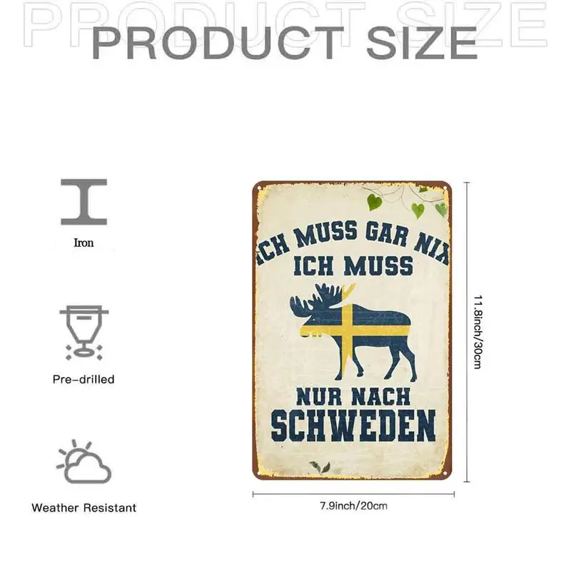 Fun Swedish moose logo decorative metal tin sign，Pre-drilled holes，Suitable for indoor use、Garden、Outdoor、Home
