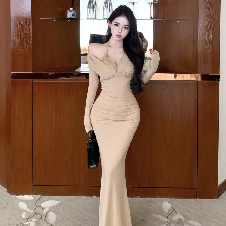 Spicy Girl Lace Patchwork Fake 2-Piece Long Sve T-irt Top High Waist Pleated Wrap f Skirt Long Autumn Winter Set Women