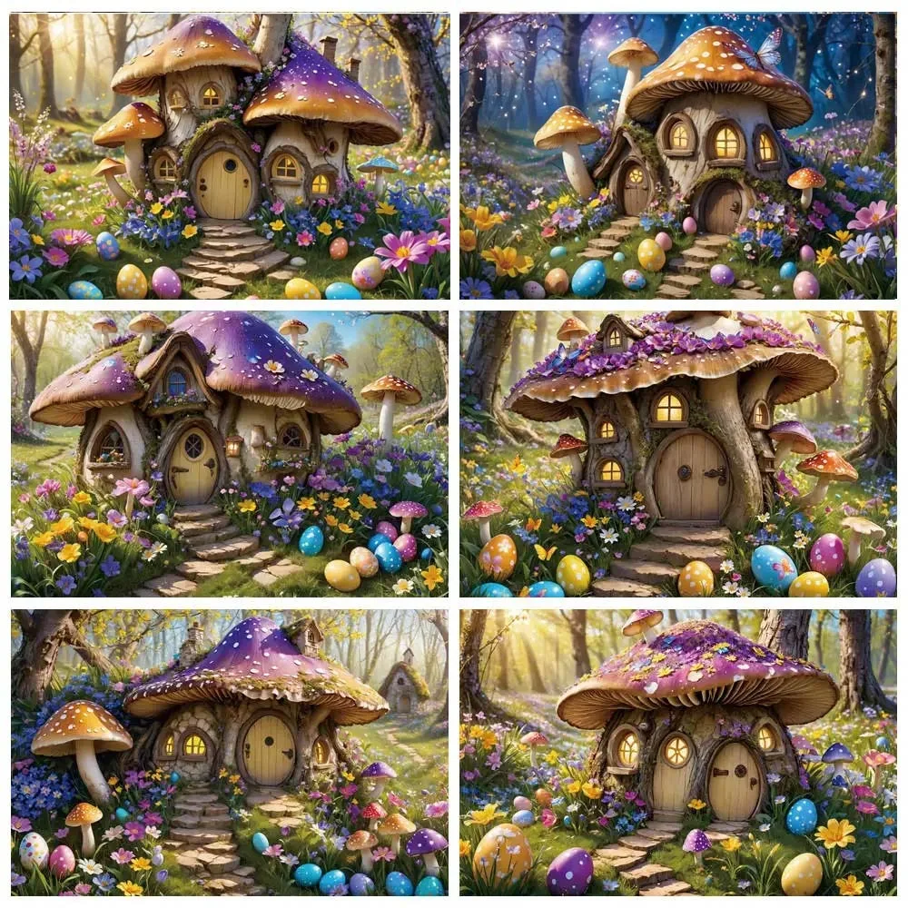 

Easter Photography Backdrop Enchanted Forest Fairy Spring Garden Mushroom House Background Child Birthdya Party Decor Banner
