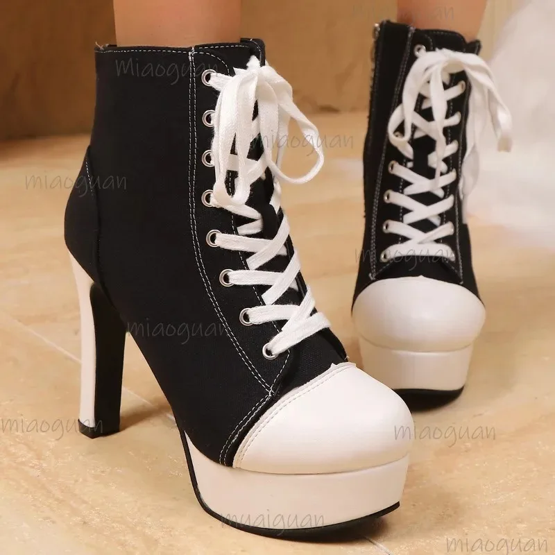 Neue Ankunft Leinwand Stiefeletten High Heel Plattform Lace-Up Kurze Stiefel Lässige Mode Nicht-Slip Damen Botas mujer Größe 35-42