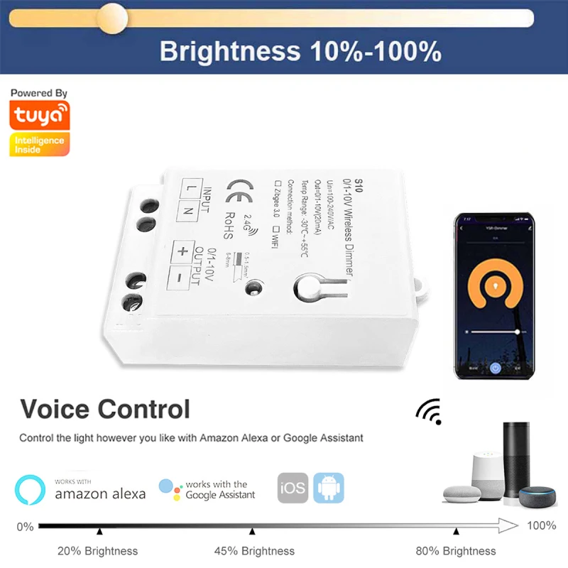 Controlador de atenuación ZigBee con WiFi, atenuador de potencia regulable LED de 0-10V, CA de 100-240V, aplicación Smart Life, Control remoto por