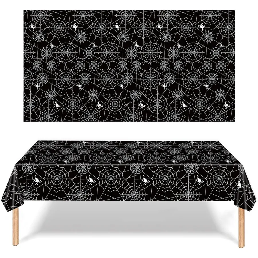 3Piece 54 x 108 Inch Spider Web Plastic Tablecloth Black Spiderweb with Spiders Designs Disposable Rectangle Table Cover for Di