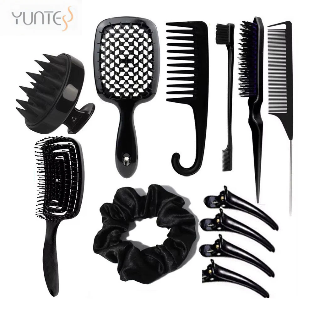 

8PCS Specialty Barber Hair Styling Comb Set With Teasing Hair Brush Air Hollow Comb Rat Tail Comb Edge Brush Scalp Massager