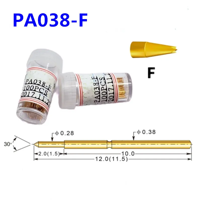 100PCS/Pack Gold-plating Spring Test Probe PA038-F Pointed Needle Tube Outer Diameter 0.38 Total Length 12mm PCB Pogo Pin