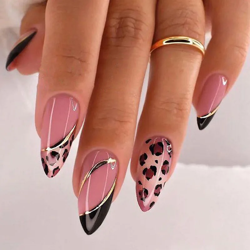 24 pçs amêndoa unhas falsas laranja leopardo impresso imprensa em unhas cobertura completa acrílico unhas falsas remendo para mulheres diy manicure arte