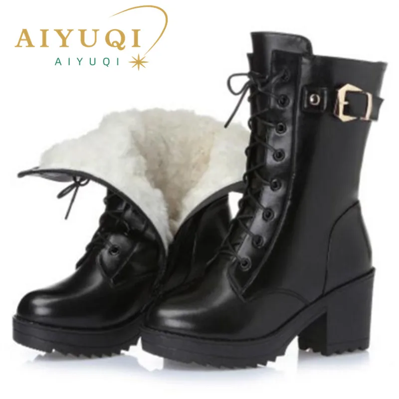 High-heeled Genuine Leather Women Winter Boots Thick Wool Warm Women Biker Boots High-quality Female Snow Boots K25