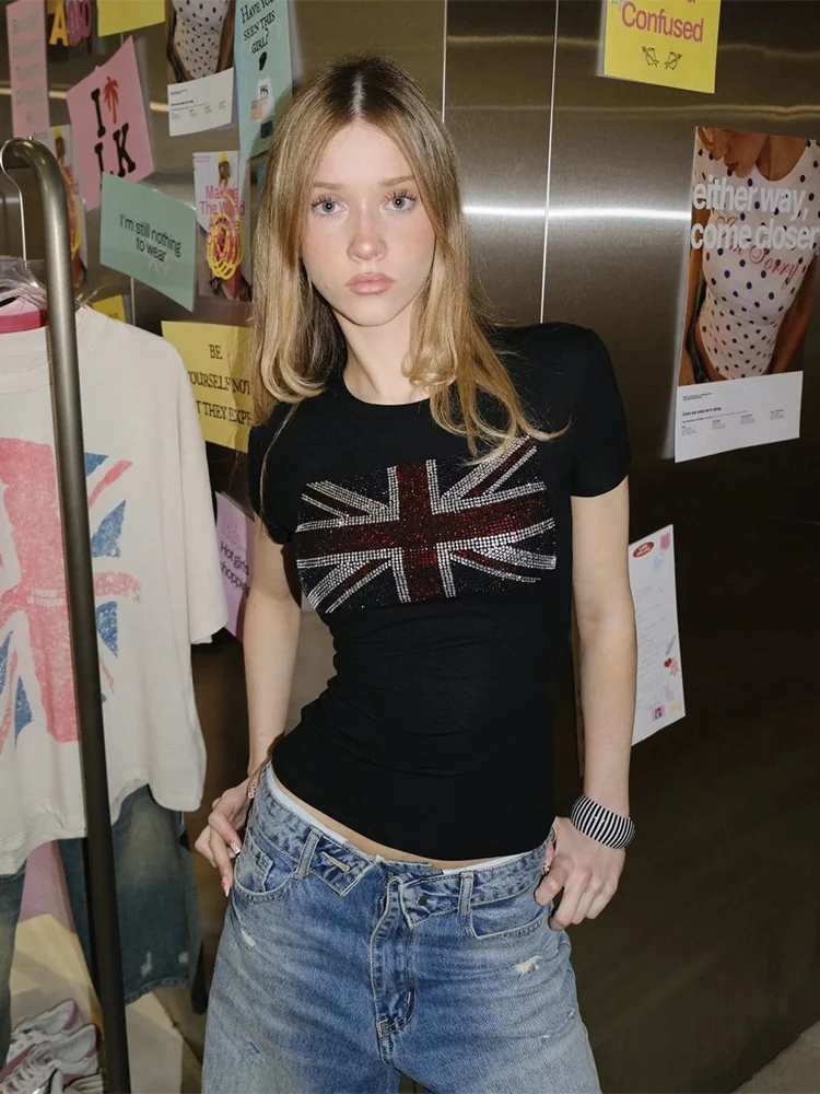 Sommer Y2K Britische Flagge Strass-Print Rundhals Slim Kurzarm Gerafftes Crop-T-Shirt Damen Casual Tee Top 2026 Neu – Detail 11