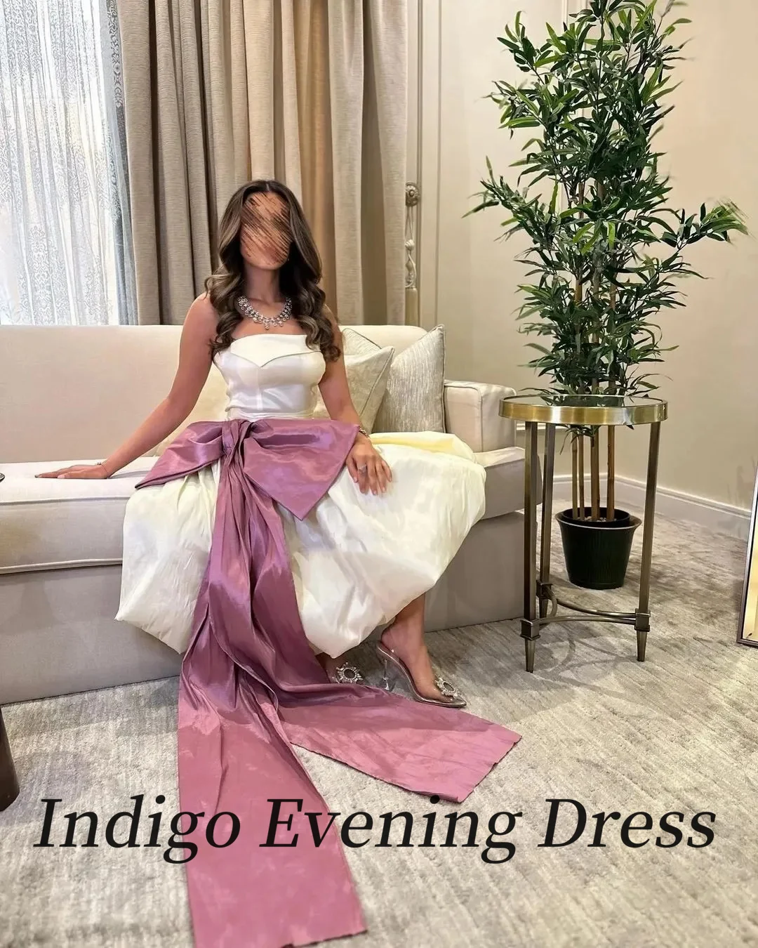 Indigo New Mid Evening Dresses Sleeveless Tea-Length Strapless Bow Women Formal Occasion Party Dress فساتين السهرة Customized