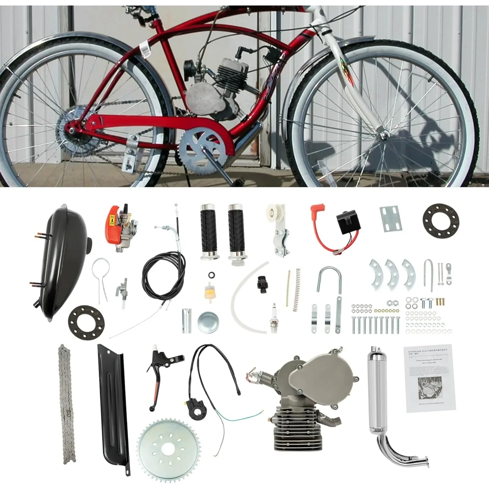 

110CC Bicycle Engine Kit 2 Stroke Gasoline Engine Motor Kit Foot Pedal Start Kit with CDI System for Most 26"/28" Bikes (Silver)