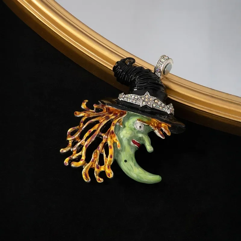 Electroplating Medieval Magic Witch Pendant Personality Enamel Diamond Magnet Pendant Moon Black Hat Green Face Witch Pendant