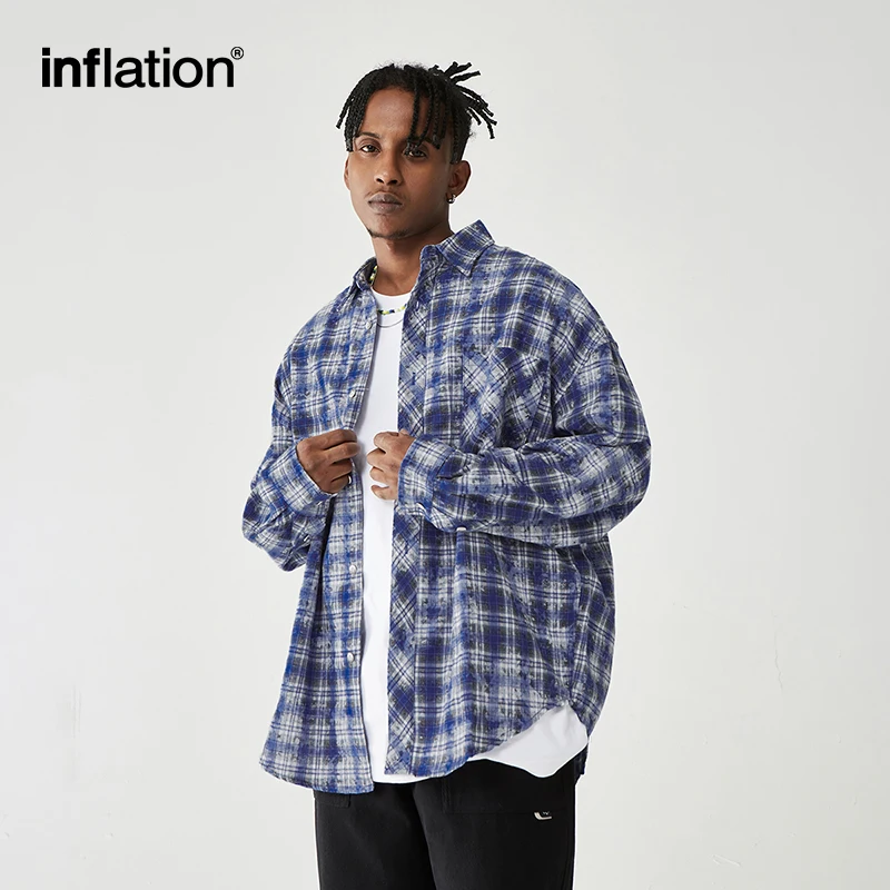 플러스 사이즈 오버사이즈 남성용 블루 체크 긴 소매 셔츠 – INFLATION