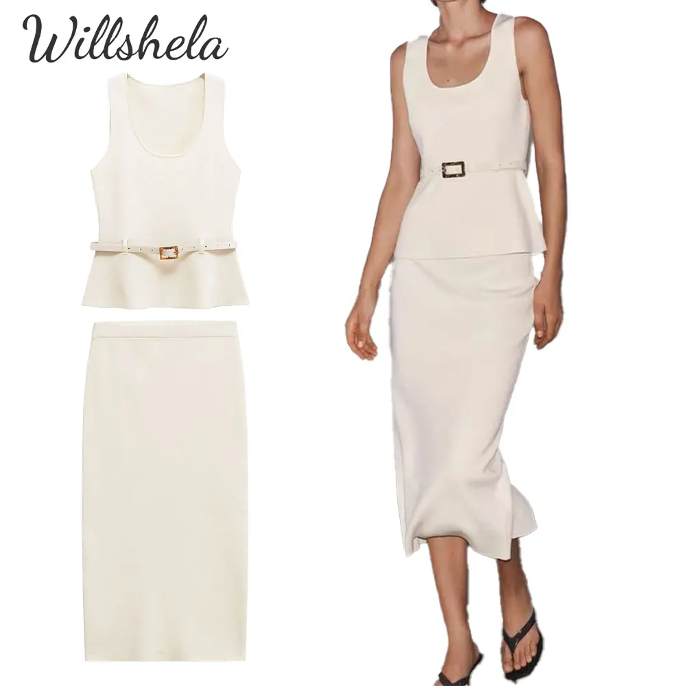 

Willshela Women Fashion 2 Pieces Sets Knitted Vest with Belt Round Neck and Midi Skirt Elastic Waist Female Chic Lady Skirt Suit