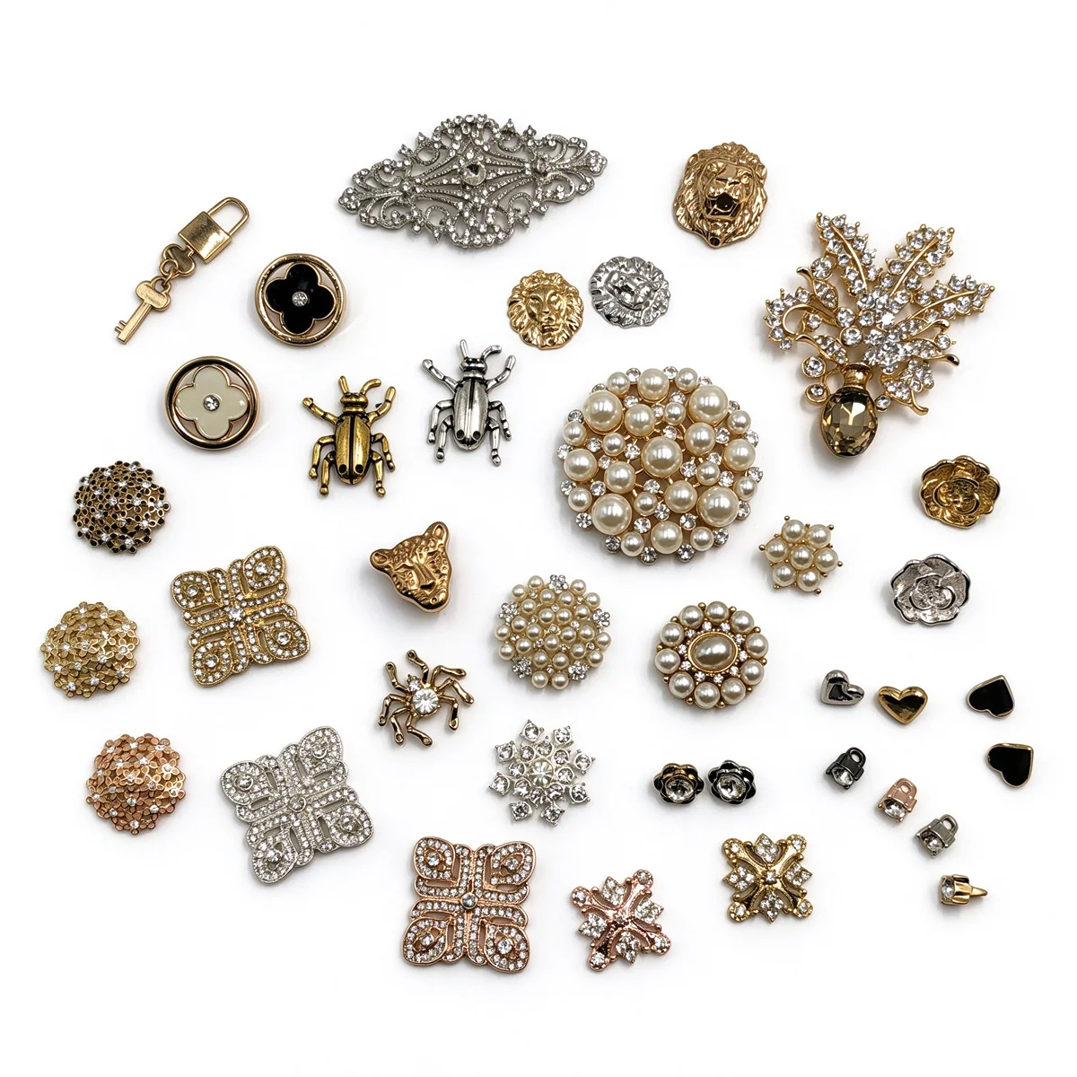 Luxury Metal Decorative Buttons, Rhinestone Faux Pearl Shank & Flatback Buttons, Vintage Insect Lion Flower Heart DIY Buckle