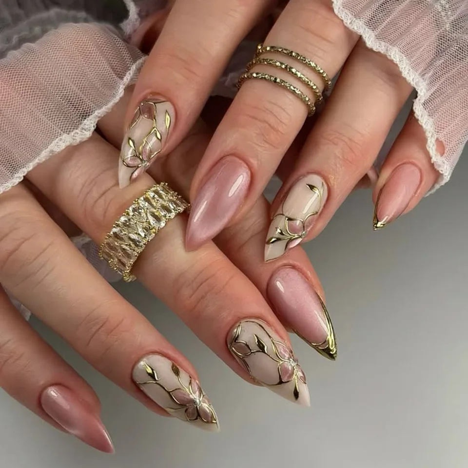 24 uñas postizas con flores doradas 3D, diseño ojo de gato, longitud media, forma almendra, adhesivas 2