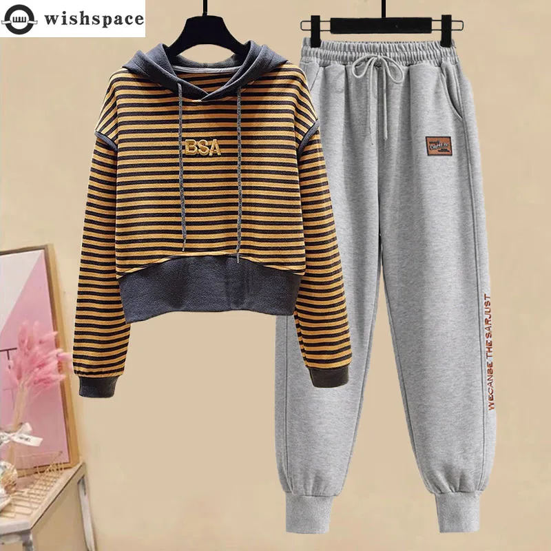 

Autumn and Winter 2022 New Korean Fashion Casual Stripe Embroidery Short Top + High Waist Casual Pants Two-piece Set