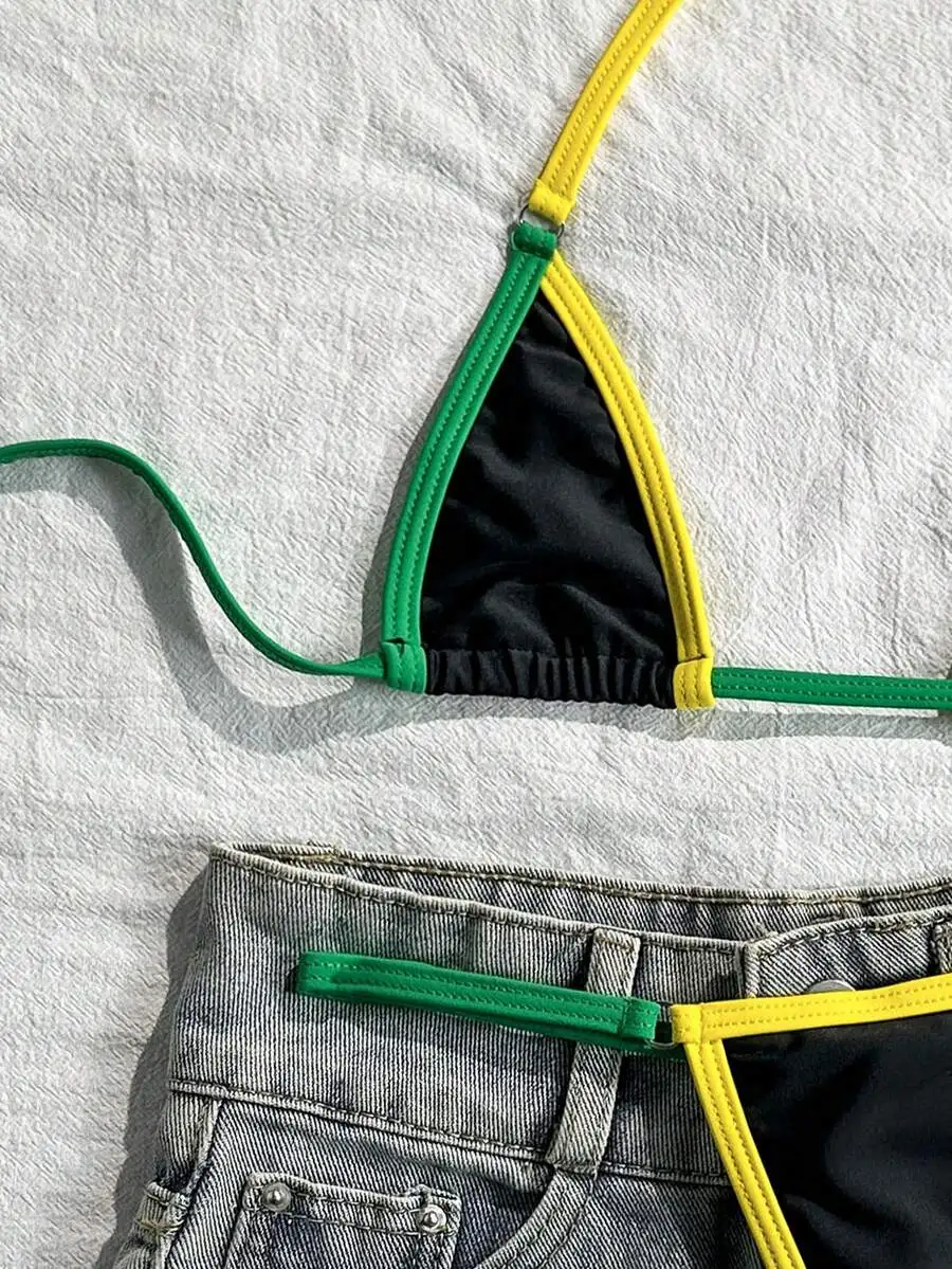 

Womens Triangle Bikini Set With Green Yellow Straps Beach Swimwear