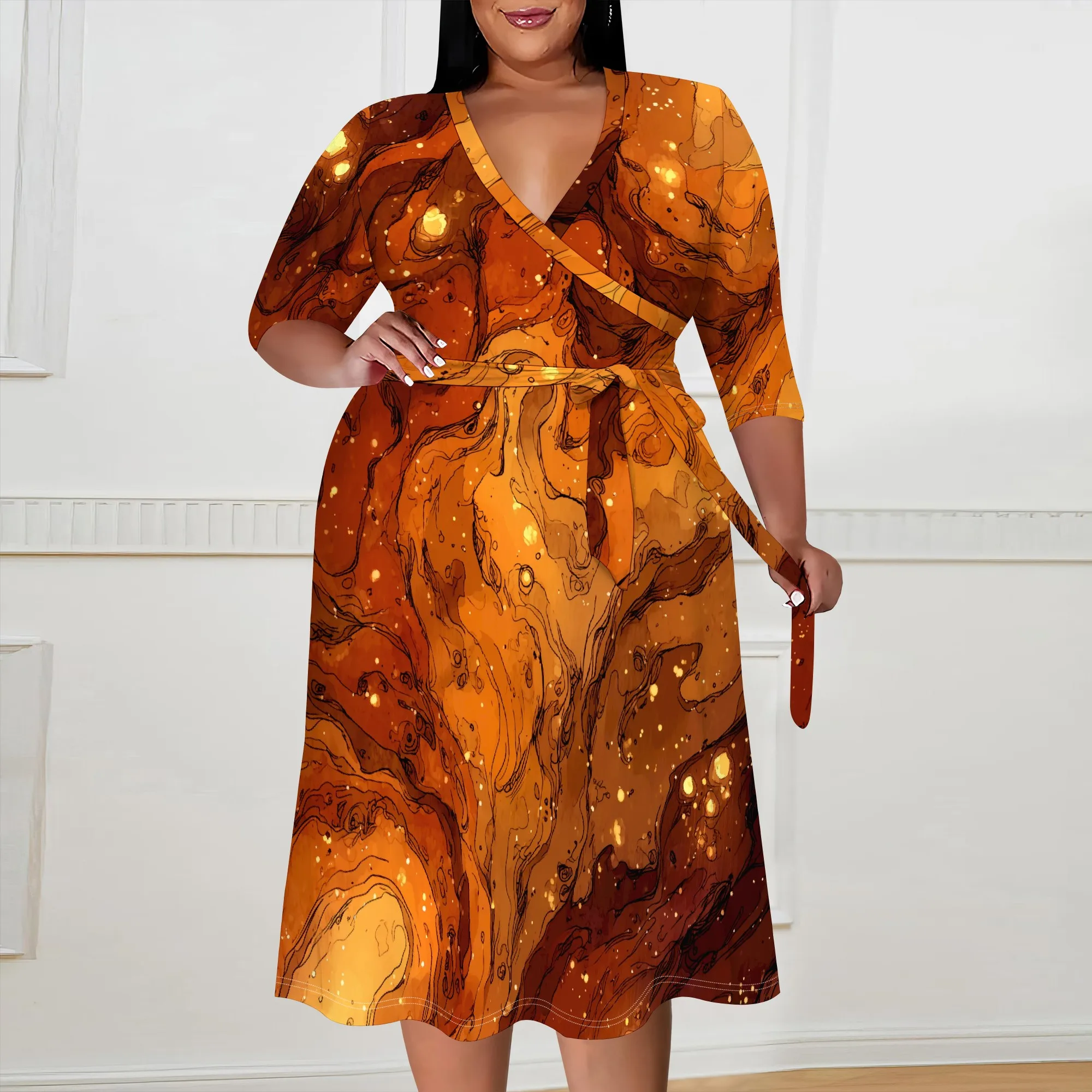 

Plus Size Autumn Dress Women's V-Neck Wrap Dress XL-6XL Abstract Print Thanksgiving Holiday Party A-Line