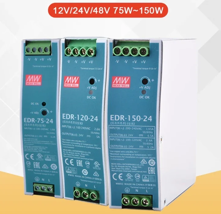 الأصلي EDR تحويل التيار الكهربائي (حالة معدنية) 75 واط 120 واط 150 واط 12 فولت 24 فولت 48 فولت 1.6A 2.5A 5A 10A 90-264VAC/127-370VDC EDR-120-24