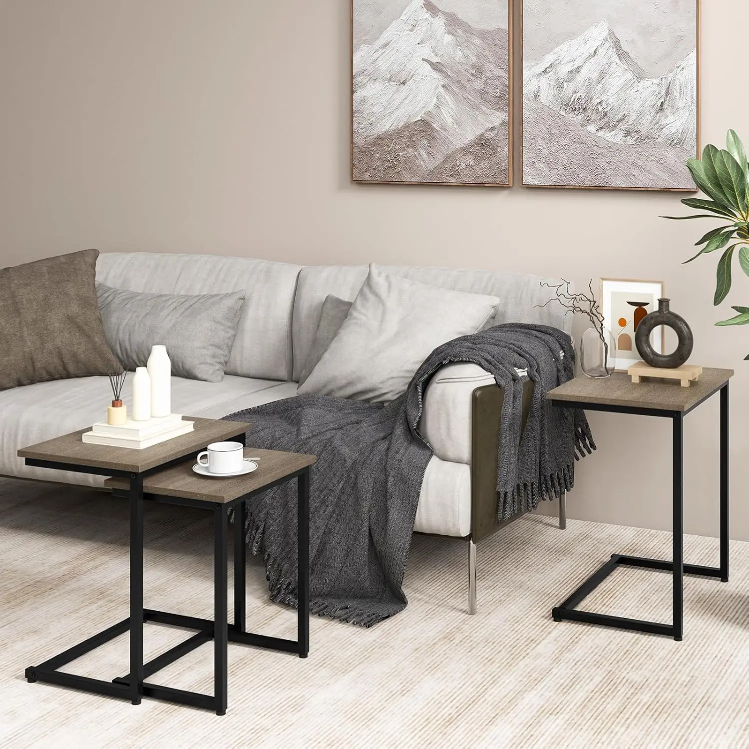 

Giantex Nesting Coffee Table Set Of 3, Stackable Square End Table W/Wood Grain Tabletop & Heavy-Duty Metal Frame, Farmhouse