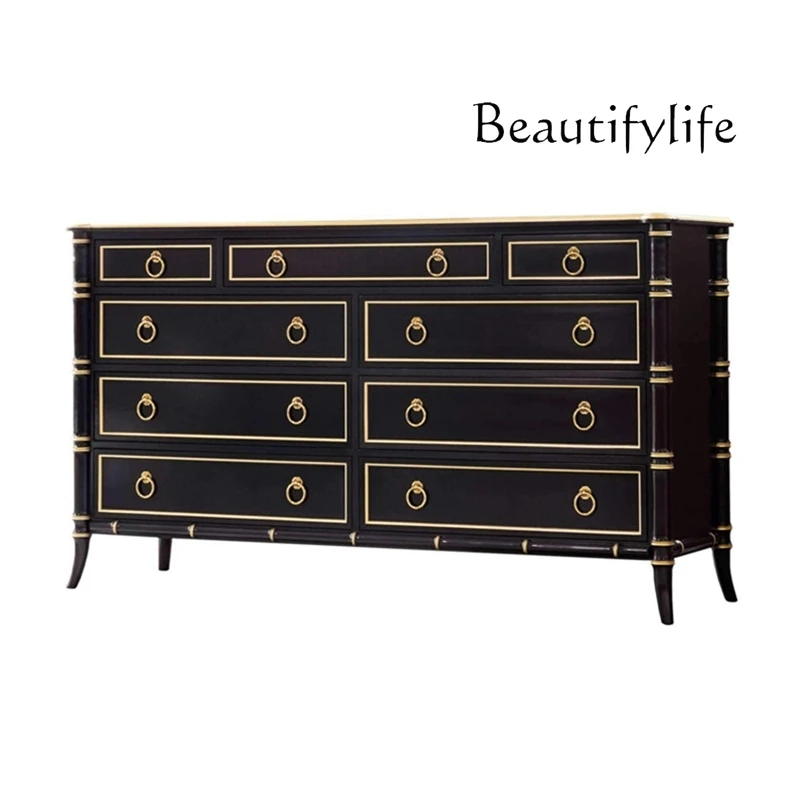 

American light luxury chest black gold-painted nine-bucket foyer entrance cabinet bedroom solid wood drawer dining side cabinet
