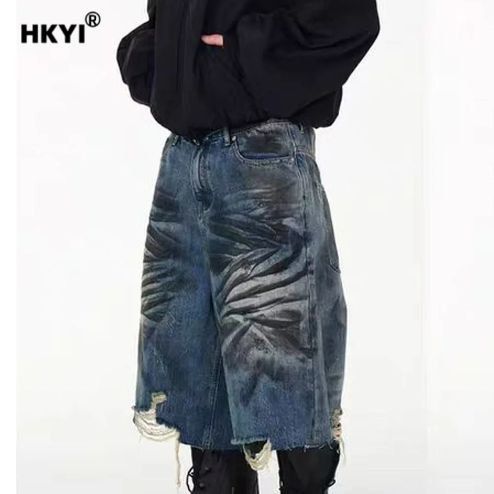 

HKYI mens jean shorts washed, pleated, dirty, dyed cat Moustache Effect destroyed, deconstructed, loose casual denim shorts