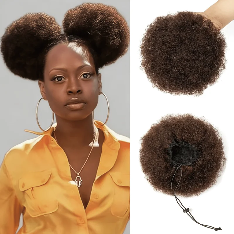 Afro Puff Updo Hair Extensions 4 Inch 30G Kinky Curly Human Hair Clip In Natural Soft Ponytail Hairpiece Soft Hairpiece For Black Women