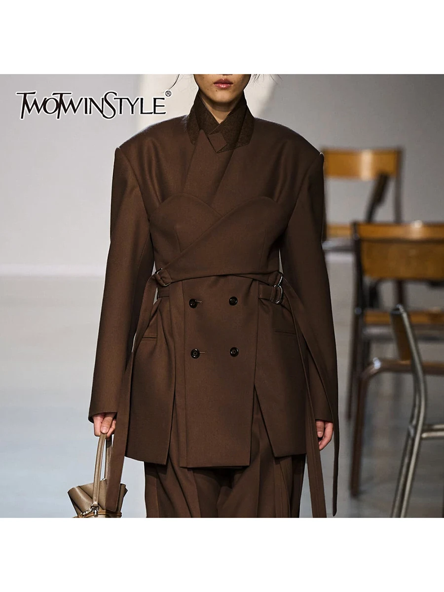 

TWOTWINSTYLE Solid Spliced Lace Up Fashion Jackets for Women V Neck Long Sleeves Patchwork Buttons Temperament Jacket Female New