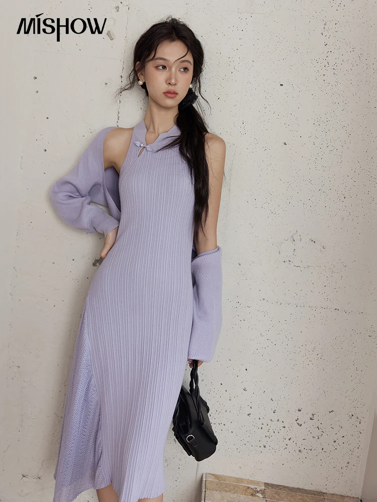 MISHOW Knit Dress Set Women Slim New Chinese Knit Long Dress 2024 Fall New Gentle Elegant Knit Long Sleeve Cardigan MXD48T0436