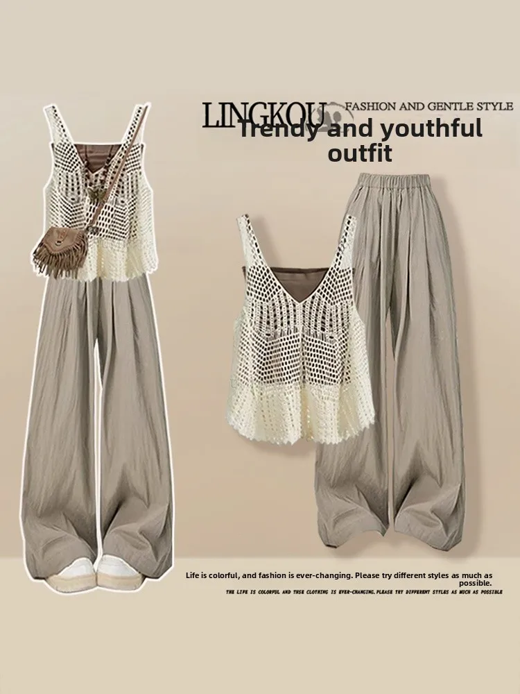 

Large Size Summer Vintage Knitted Set Women's Anti-Aging Hollow out Cover up Slimming Strap with Sporty Casual Pants Three Pi...