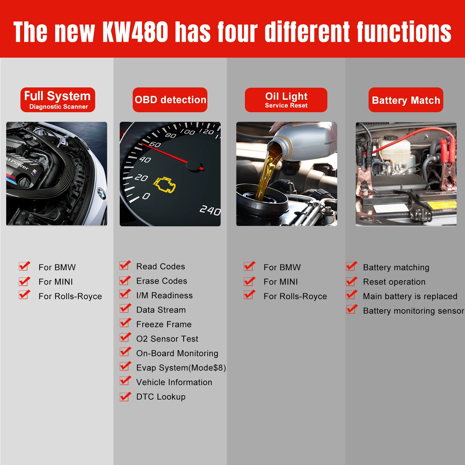 2026 KONNWEI KW480 Obd2 الماسح الضوئي قارئ رمز السيارات النفط TPMS إعادة تعيين محول أنظمة كاملة الماسح الضوئي أدوات تشخيص السيارات لسيارات BMW