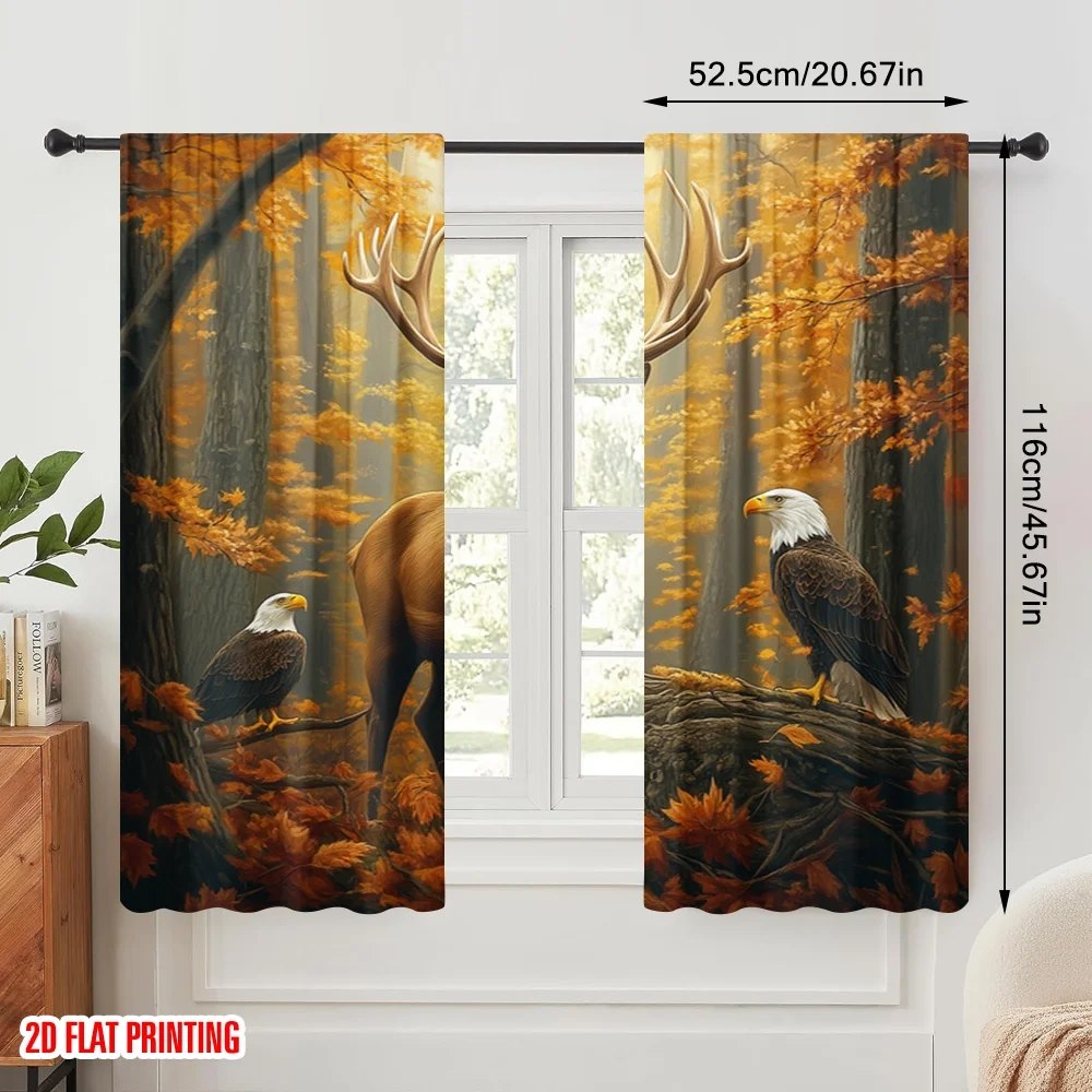 2pcs,2D plane printing Curtains Roller Blinds Deer Eagle Bear Forest Autumn (2) Polyester Fabric (without rod) Gifts Use for