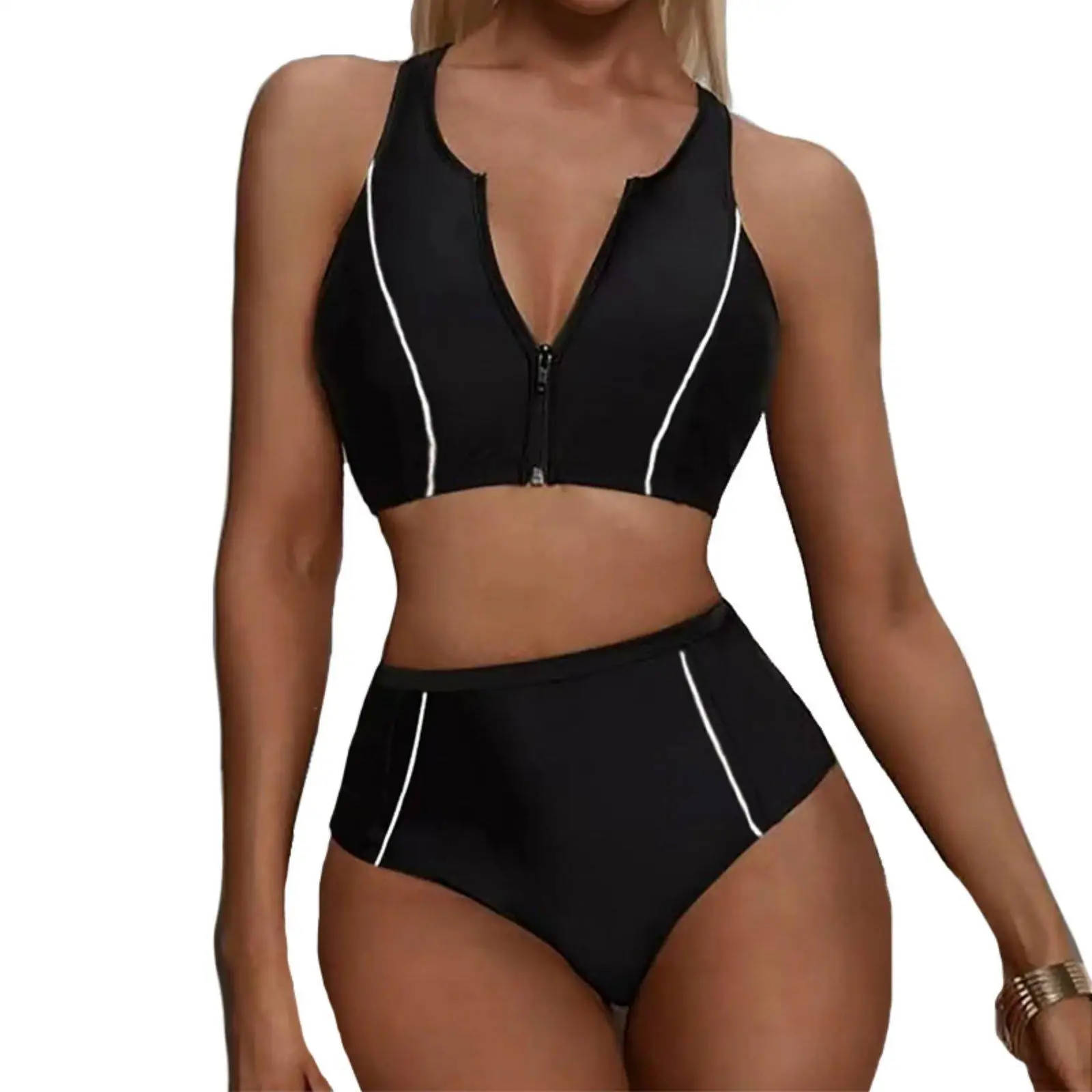 Women Racerback Bikini Set High Waist Black Swimsuit Sporty Two Piece Front Zipper Push Up Quick Dry Tummy Control Beach Holiday