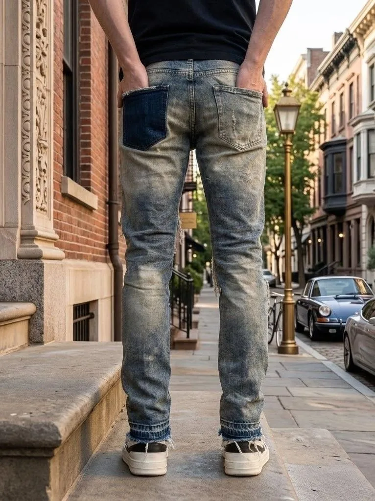 【HME】Men's Jeans | Distressed Ripped Denim Pants for Men, vintage Washed Patched Frayed Hole Design Straight Fit Men Denim Pants, Raw Hem Streetwear Casual Trousers, Retro Destroyed Jeans for Daily Outdoor Street Matching with Sneakers