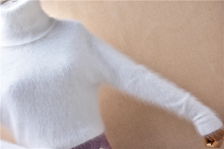 Female Women Fall Winter Cute White Hairy Angora Rabbit Hair Knitted Long Sleeves Turtleneck Crop Top Slim Blouse Sweater Jumper