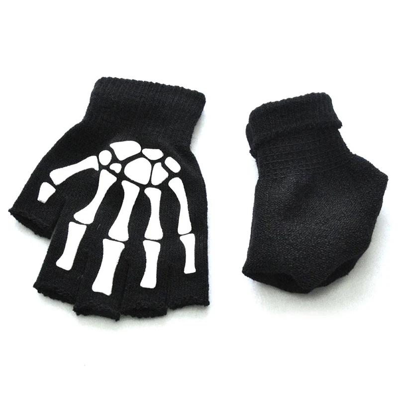 New Adult Cosplay Halloween Skeleton Skull Half Finger Punk Gloves Luminous Claw Print Antumn Winter Warm Knitted Gloves