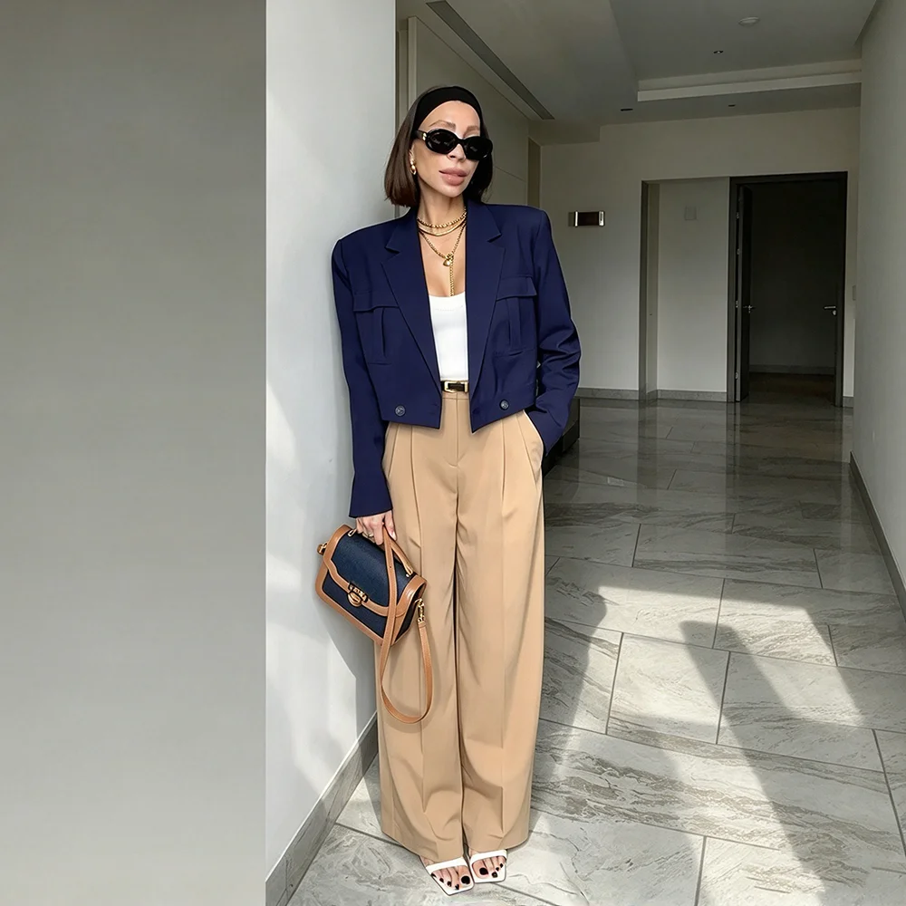 Fashion Women's Double Breasted 2 Pieces Suit Classic Peak Lapel Short Blazer+Wide Leg Pants Daily Casual Party Streetwear