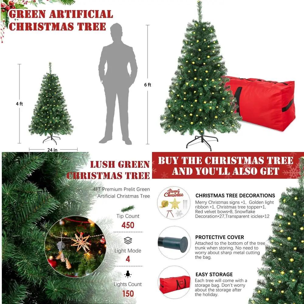 

Зеленая искусственная рождественская елка с предварительной подсветкой, 4 фута, с 450 наконечниками из ПВХ и 150 лампочками для праздничного декора