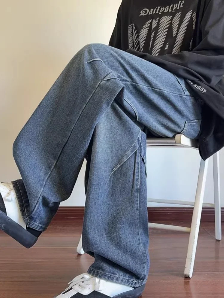 

Men's Folded Design Jeans Straight Loose Wide Leg Pants Retro American Sle Autumn New Arrival Wear Resistant Long Trousers