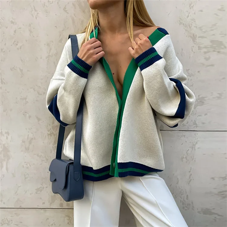 

Fashion Contrast Cardigan Loose Casual Autumn and Winter Sweater 2024 Women's Striped Simple Knitted Sweater Jacket