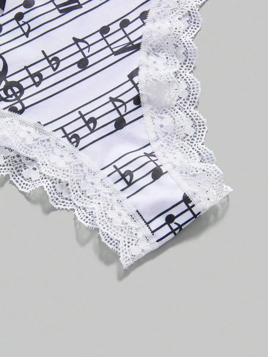

Womens Musical Note Print Lace Trim Panty Set