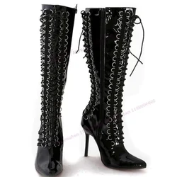 Black Cross Tied Buckle Knee High Boots Pointed Toe Shoes for Women Thin High Heels Sexy Lady Shoes 2023 Zapatos Para Mujere