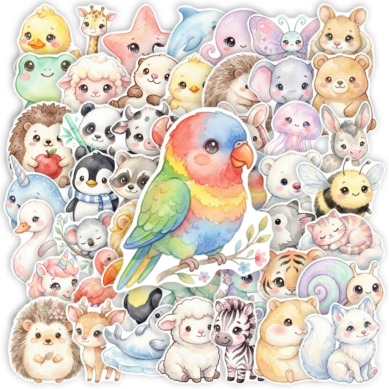 50 Pcs Cute Animal Stickers Set Watercolor Ocean & Land Pets Cartoon DIY Decorative Stickers Fresh & Fun Design for Crafts