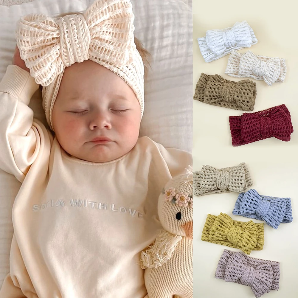 

Spring Summer Hole Newborn Headband Hollow Out Plaid Knitted Bow Headband for Children Knotted Baby Girls Soft Hair Accessories