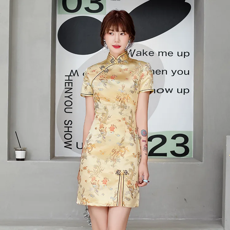 Front Fork Dragon&Phoenix Qipao Elegant Women Cheongsam Old Shanghai Mandarin Collar Sexy Short Chinese Dress Vestido