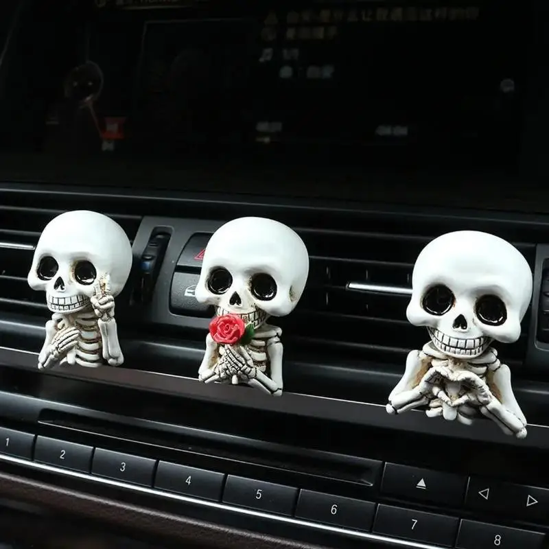 3Pcs Cute Skull Resin Statues Car Air Outlet Aroma Diffuser Four Season Auto Interior Decor & Car Gift