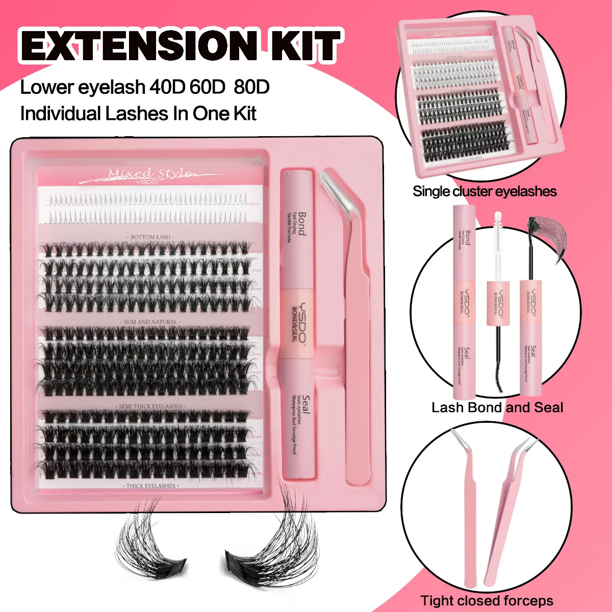 Kit d'Extension de Cils à Faire Soi-Même, Faux Cils, Pince à Épiler et à Sceller, Outil de Maquillage, 14 Rangées, 40D/60D/80D