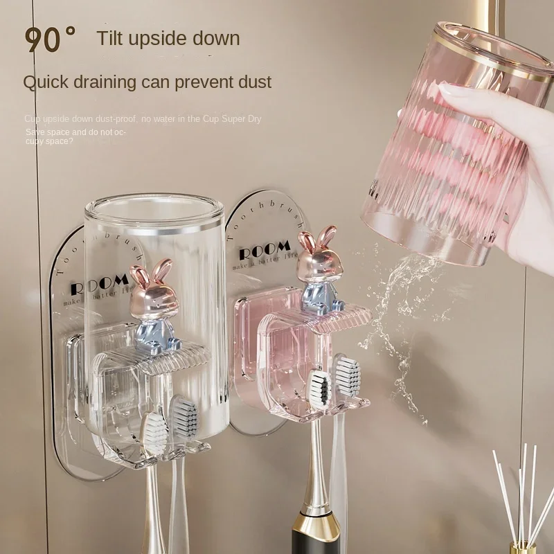 Cute Rabbit Toothbrush Rack Bathroom Wall-mounted Electric Toothbrush Cup Punch-free Mouthwash Cup Hanger